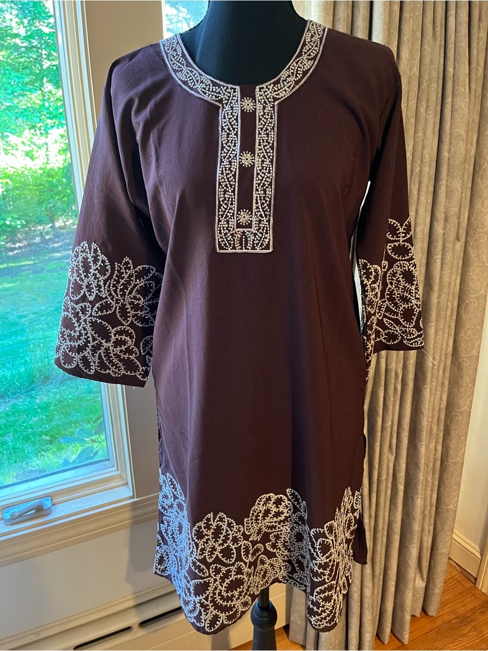 Women's Embroidered Tunic Top - Dark Brown with White Stitching
